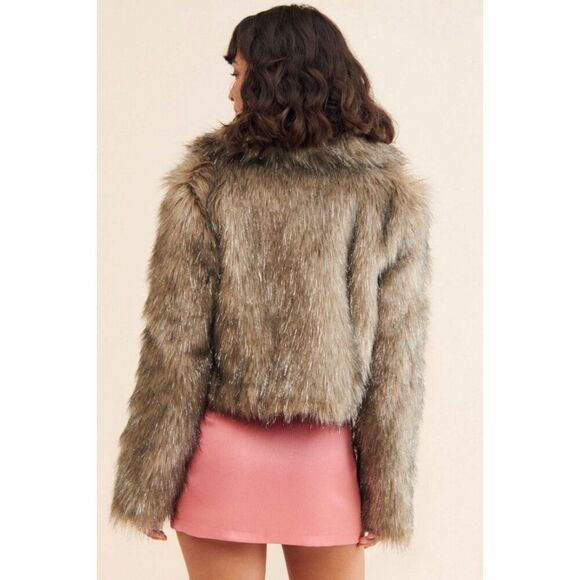 UNREAL FUR X NUULY Stardust Faux Fur Cropped Jacket Metallic Mob Wife Glam Coat - Picture 2 of 12